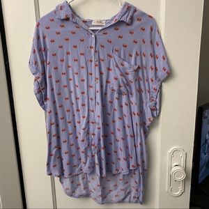 4 Our Dreamers Crab Print Blue Button Front Shirt Sz L